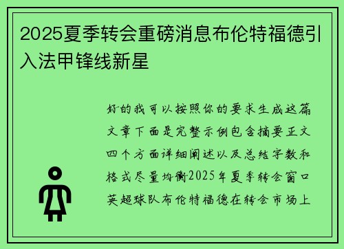 2025夏季转会重磅消息布伦特福德引入法甲锋线新星