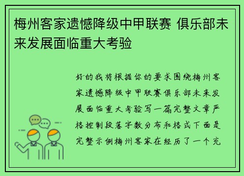 梅州客家遗憾降级中甲联赛 俱乐部未来发展面临重大考验